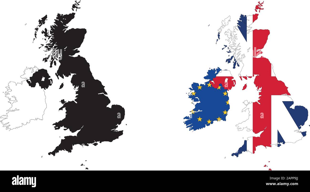 Mappa dettagliata di Gran Bretagna e Irlanda, in bianco e nero e con la bandiera europea e l'Unione Jack. Illustrazione Vettoriale