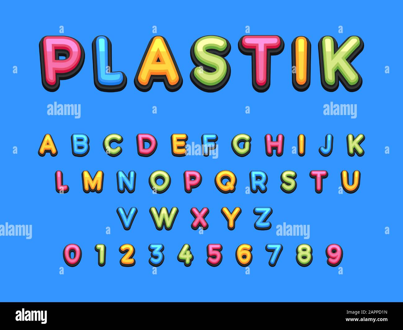 Kids Plastic Cartoon Font. Colorful comics font, bambino sport alfabeto in stile pop art. Pluristrato divertente lettere colorate sulla pagina dei fumetti per de Illustrazione Vettoriale
