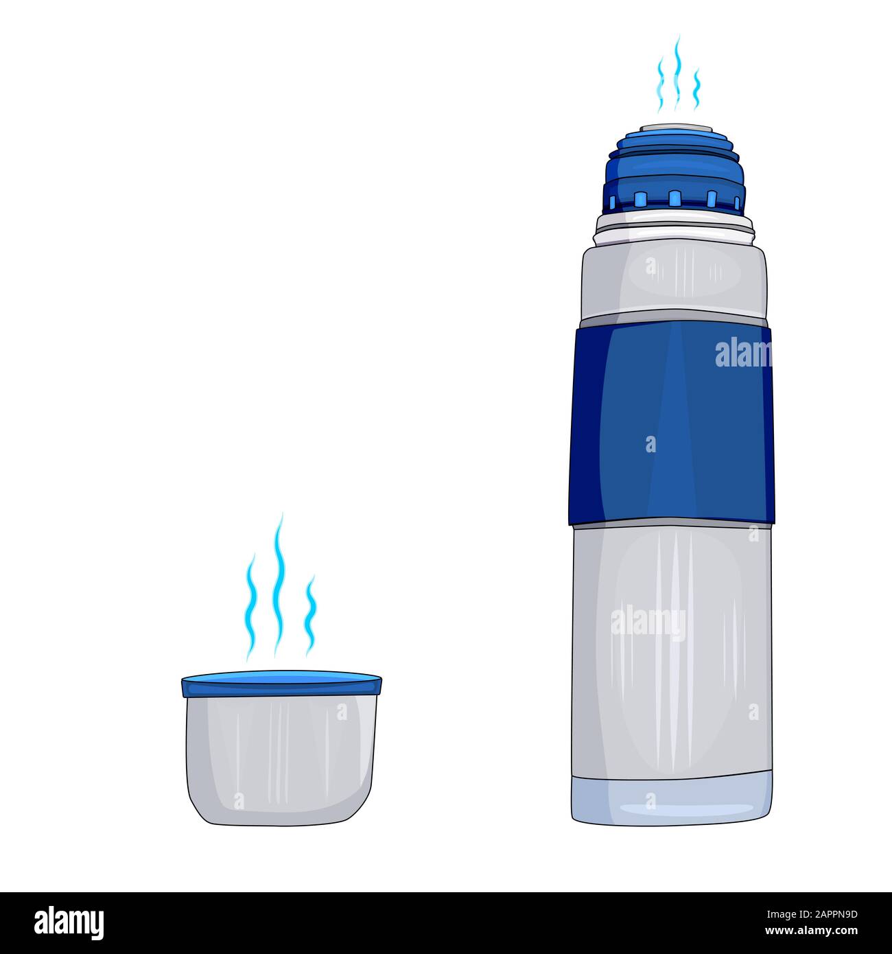 Matraccio di thermos blu con una tazza isolata su fondo bianco. Grandi thermos per escursioni e viaggi. Prodotto portatile ecologico. Illustrazione del vettore. Illustrazione Vettoriale