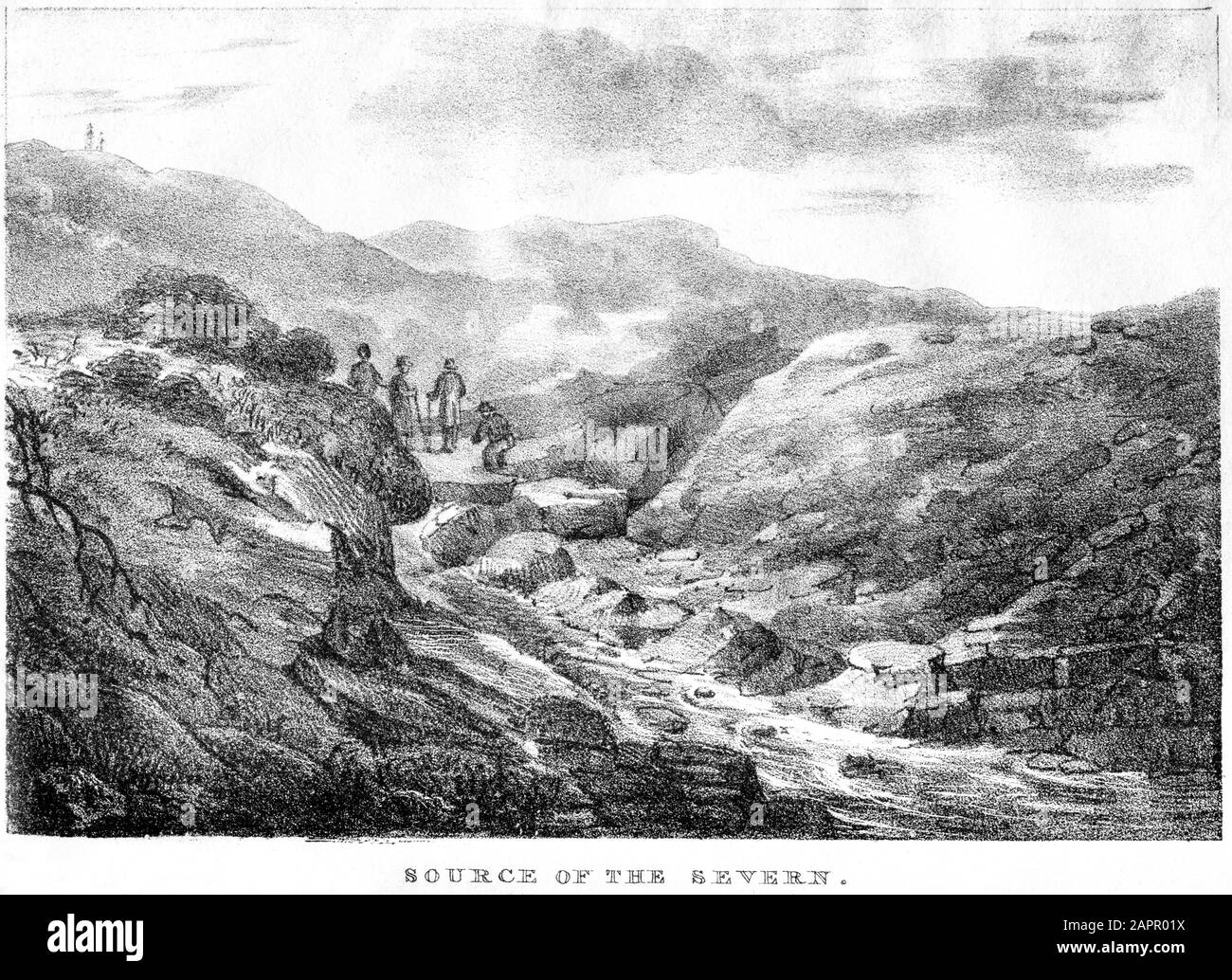Una litografia della sorgente del fiume Severn scannerizzata ad alta risoluzione da un libro stampato nel 1824. Creduto copyright libero. Foto Stock