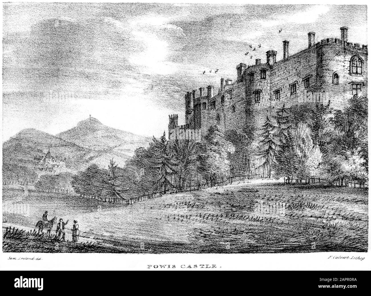 Una litografia del castello di Powis scannerizzata ad alta risoluzione da un libro stampato nel 1824. Si ritiene che questa immagine sia priva di tutte le restrizioni sul copyright. Foto Stock