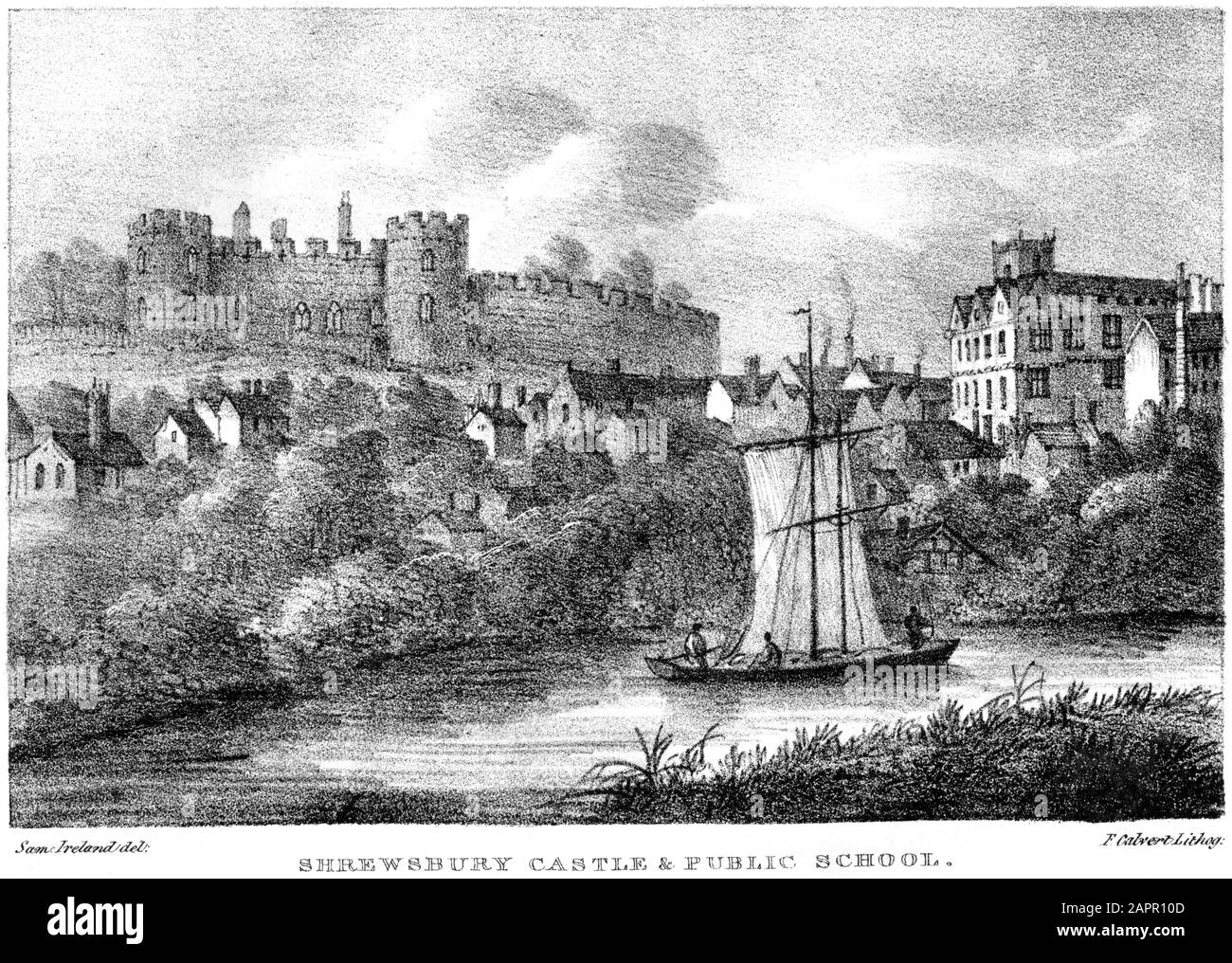 Una litografia di Shrewsbury Castle & Public School scannerizzò ad alta risoluzione da un libro stampato nel 1824. Creduto copyright libero. Foto Stock