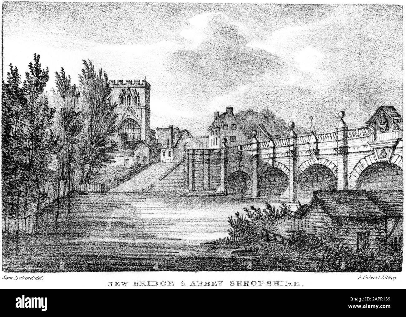 Una litografia di New Bridge & Abbey (Shrewsbury) Shropshire scannerizzò ad alta risoluzione da un libro stampato nel 1824. Creduto copyright libero. Foto Stock