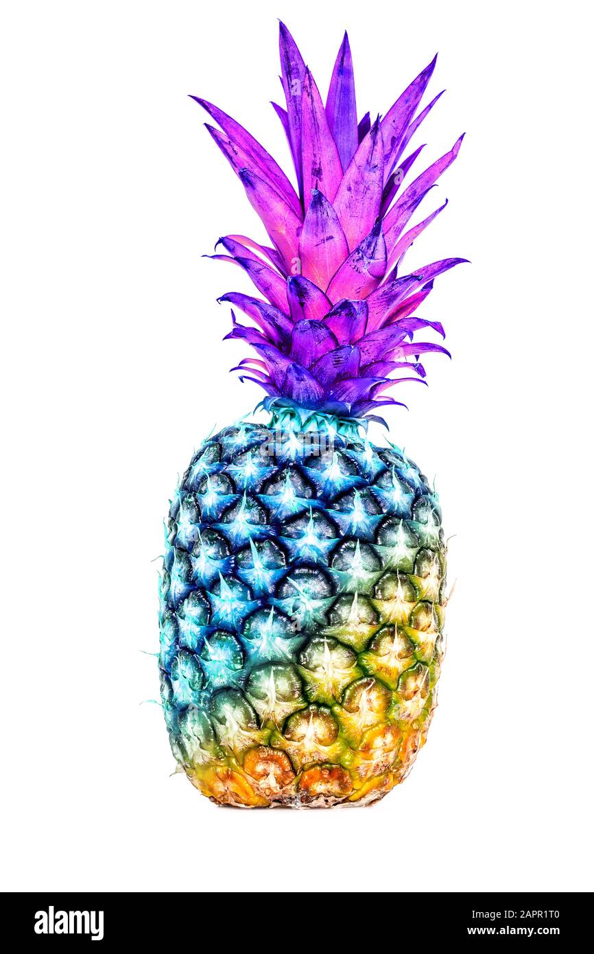 Foto creativa di frutta di ananas intera con un gradiente insolito dal  colore giallo naturale al colore blu e rosa isolato su uno sfondo bianco  Foto stock - Alamy