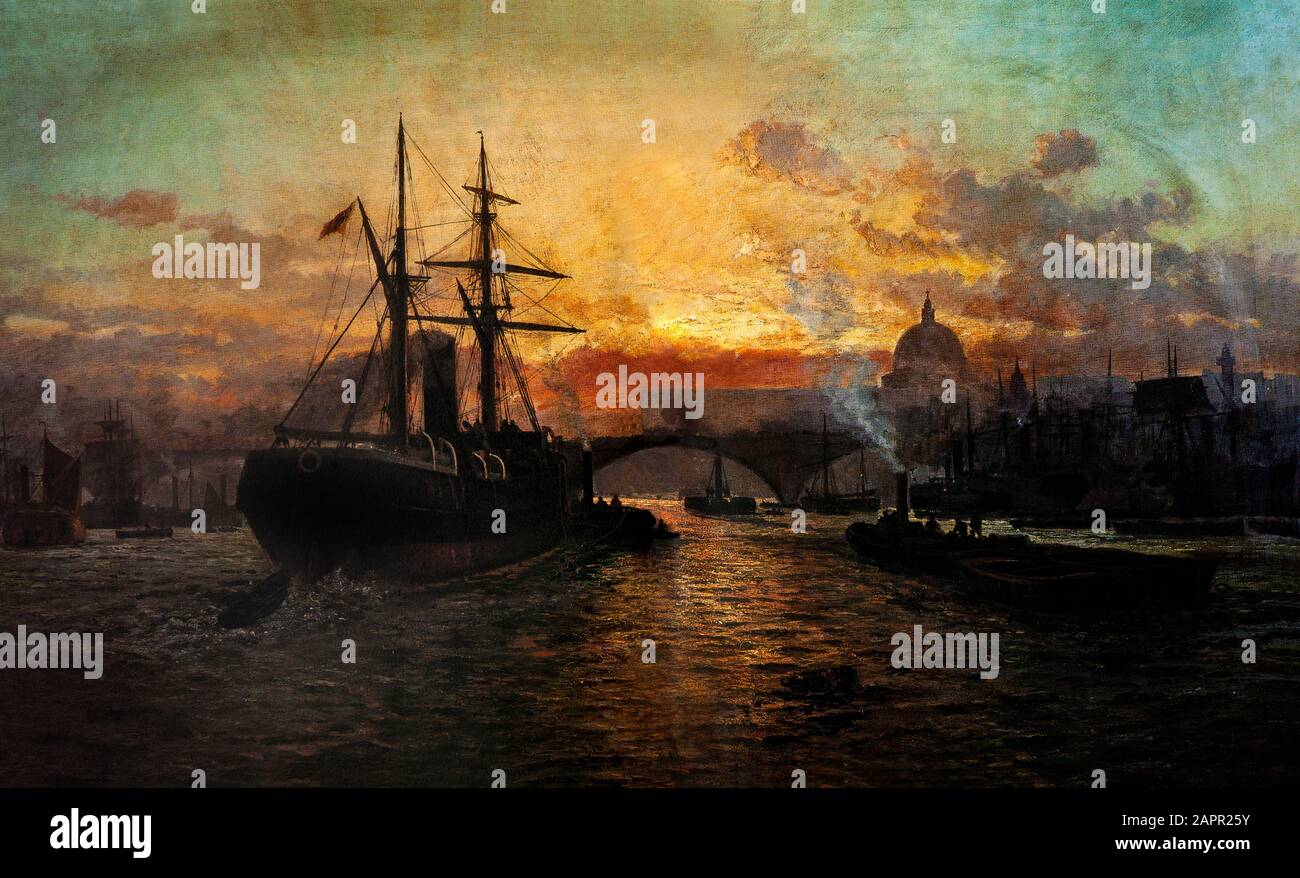 Traffico sul fiume Tamigi vicino al London Bridge di Charles John de Lacy aka Charles John de Lacey (1856-1929), uno dei più importanti artisti marini britannici del suo periodo, particolarmente conosciuto per le sue immagini di navi da guerra. Foto Stock