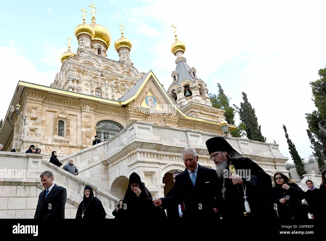 Il Principe di Galles durante una visita alla Chiesa di Maria Maddalena sul Monte degli Ulivi a Gerusalemme Est il secondo giorno del suo viaggio in Israele e nei territori palestinesi occupati. Foto PA. Data Immagine: Venerdì 24 Gennaio 2020. Vedi la storia di PA ROYAL Charles. La carta fotografica dovrebbe leggere: Filo Neil Hall/PA Foto Stock