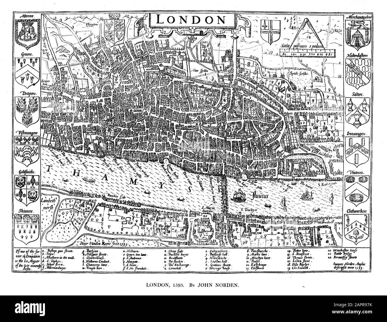Londra NEL 1593 Mappa di John Norden Foto Stock
