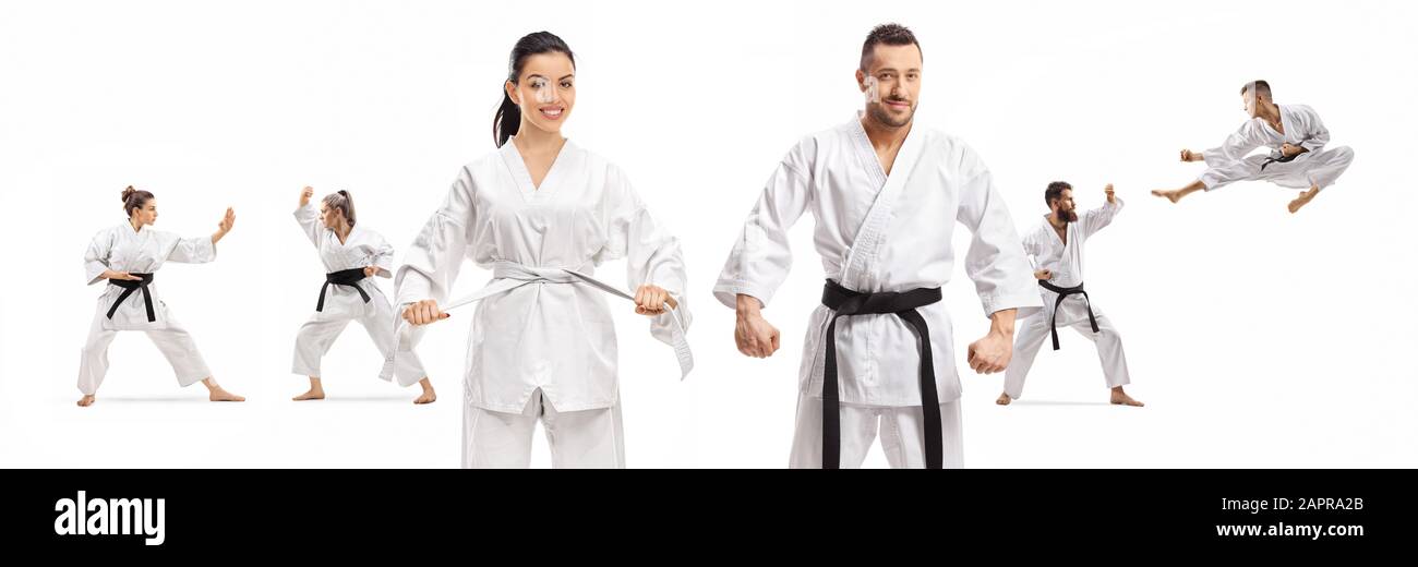 Maschio e femmina in kimono karate in piedi davanti agli uomini e le donne che praticano le arti marziali isolato su sfondo bianco Foto Stock