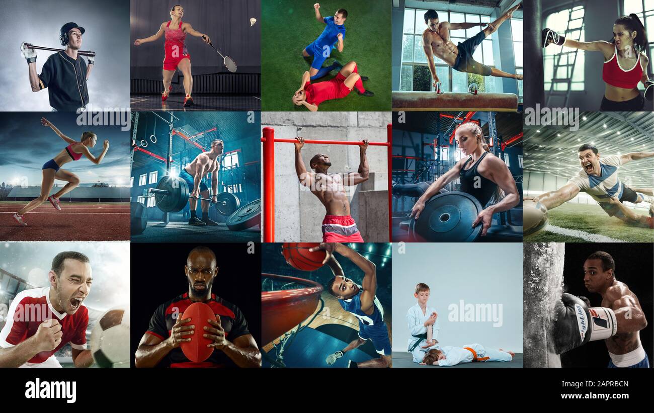 Ritratto di gruppo multietnico sportivo su sfondo multicolore. Volantino, collage composto da 14 modelli. Concetto di emozioni umane, espressione facciale, vendite, pubblicità. Pugilato, calcio, calcio, corsa, salto. Foto Stock