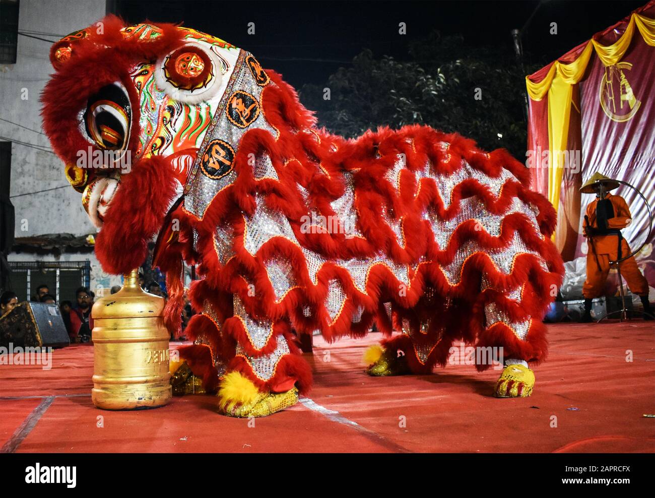 Artisti che suonano la danza del Drago in occasione del festival cinese di Capodanno a Kolkata, India. Foto Stock