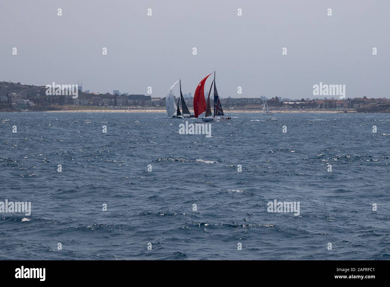 Bondi Beach lo sfondo per gli yacht che navigano all'inizio della Rolex Sydney Hobart Yacht Race 2019. Foto Stock