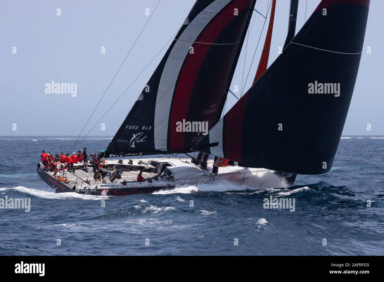 Sydney Hobart Yacht Race, Boxing Day 2019. Scallywag a inizio gara di voce fuori del porto al di là delle teste. Rolex Sydney Hobart. Foto Stock