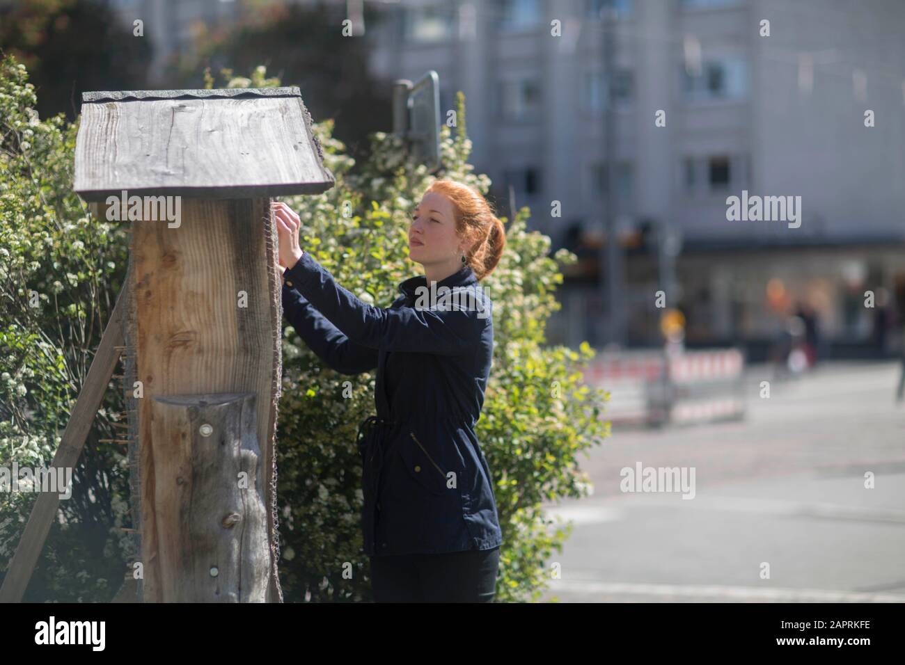 giovane donna in un giardino urbano in una città vicino ad una casa d'api Foto Stock