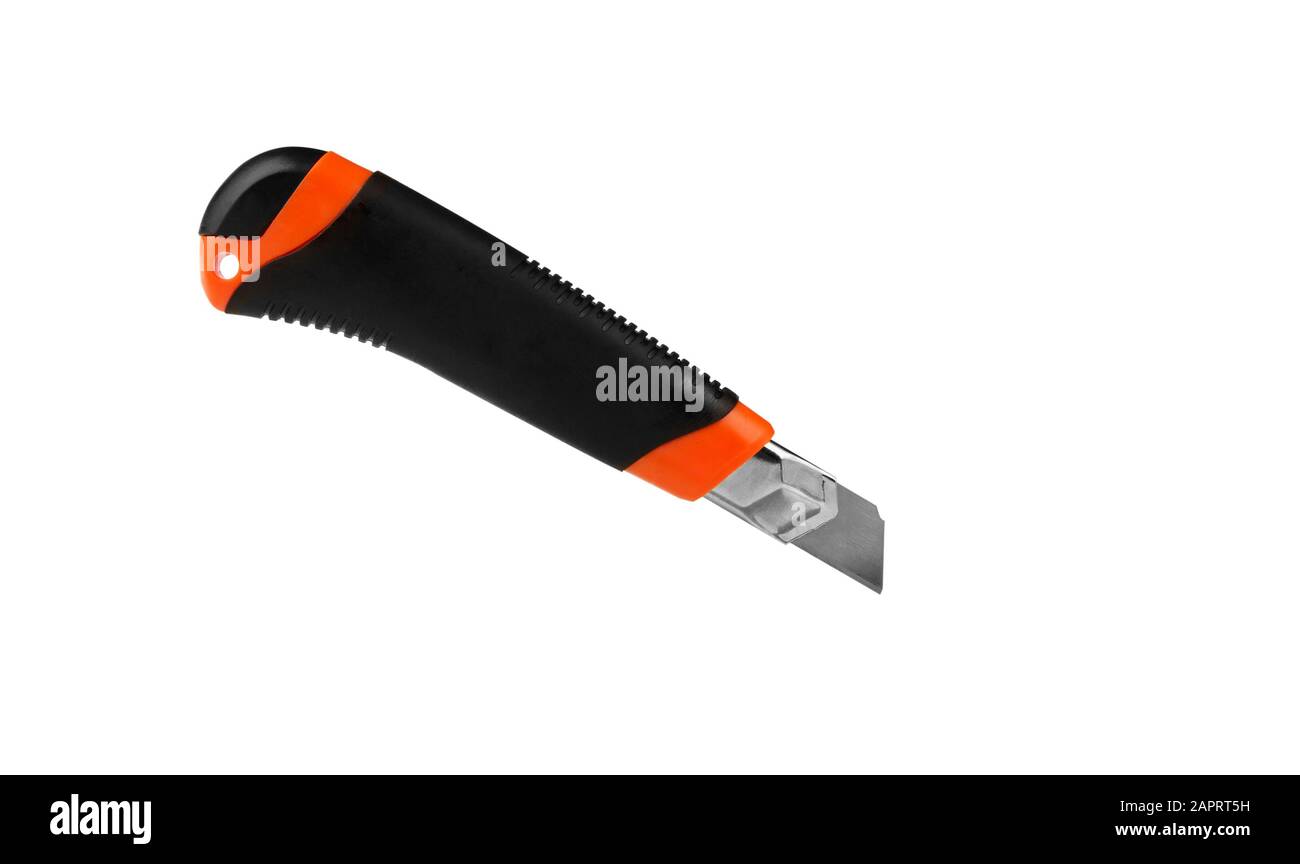 Coltello da taglio isolato su sfondo bianco. Coltello carta per cancelleria. Coltello da ufficio. Foto Stock