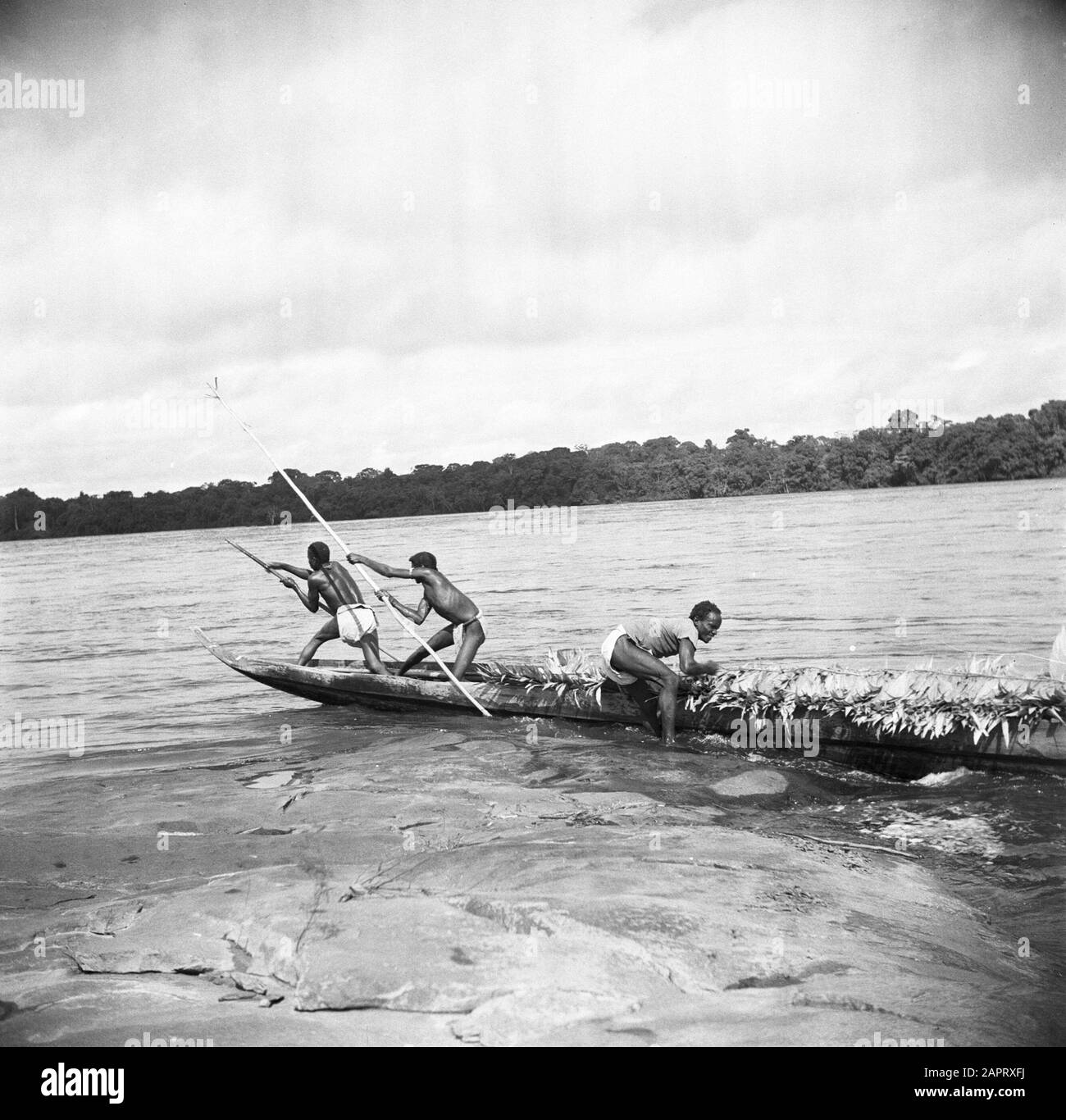 Viaggio a Suriname e Antille Olandesi UNA korjaal a rapide sul Marowijnerivier vicino Langetabbetje Data: 1947 Località: Langatabbetje, Marowijne, Suriname Parole Chiave: Fiumi, navi, rapide Foto Stock