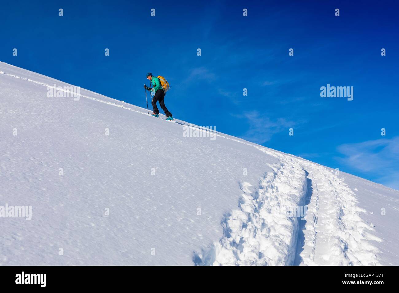 Donna backcountry sci, arrampicata su montagna in skin track, a sci e pelli in Hatcher's Pass, Alaska, Talkeetna Mountains Foto Stock