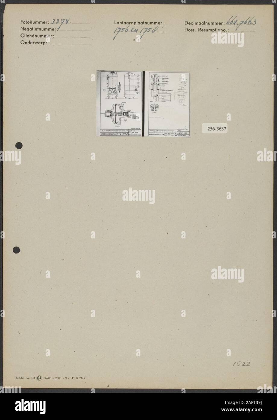 Sviluppatore di acetilene ad alta pressione ELGA (disegno 4148) e funzionamento della tenuta ad alta pressione dell'acqua di G.L. Loos En Co. Rotterdam (Disegno 1586) Data: Ottobre 1951 Località: Rotterdam, Zuid-Holland Parole Chiave: Disegni Foto Stock
