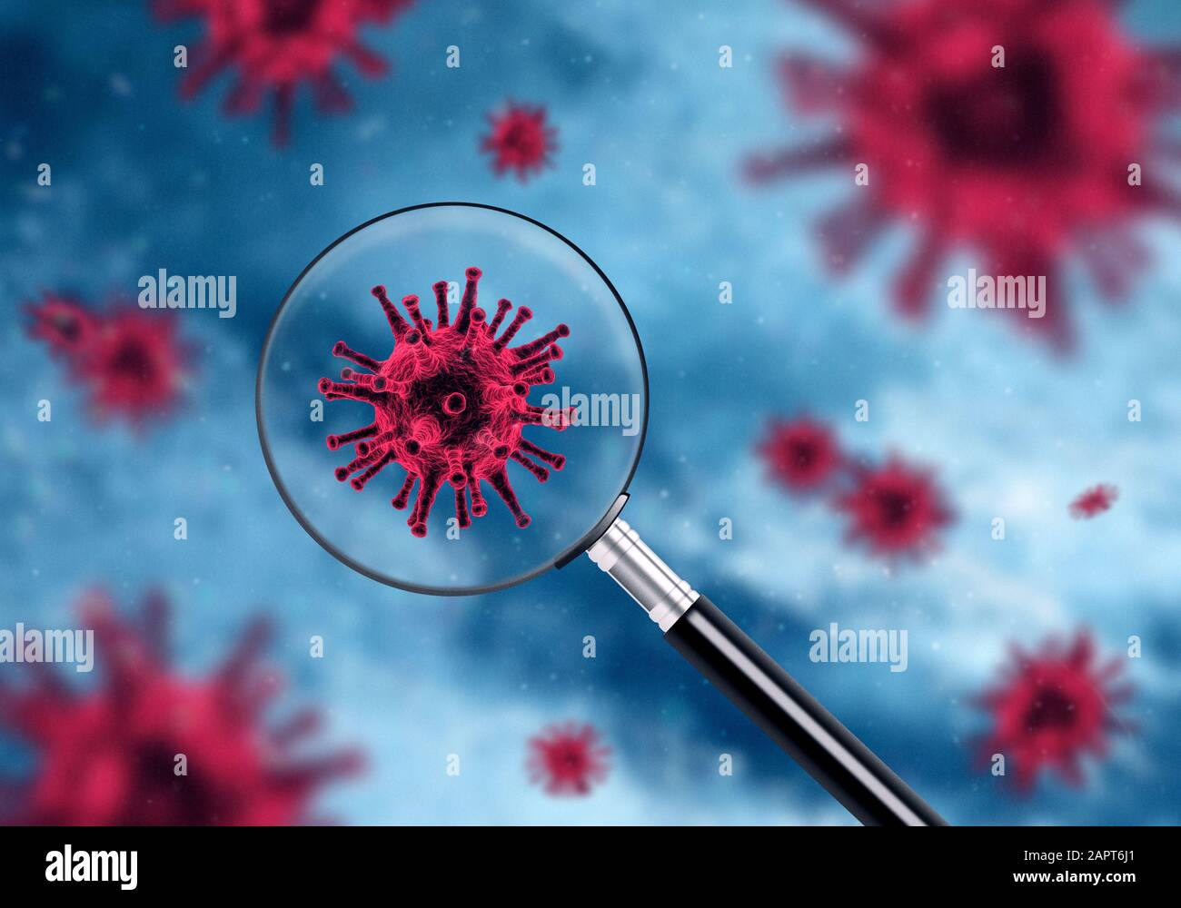 Lente d'ingrandimento che mostra i batteri del virus rosso, sfondo microscopico del microrganismo 3d, concetto moderno di biotecnologia Foto Stock