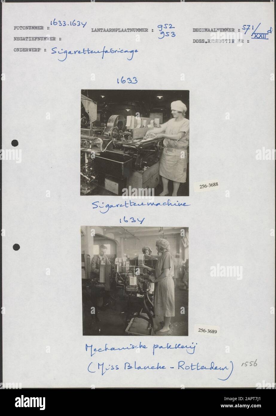 Produzione di sigarette Foto 1: Macchina per sigarette (8x8,5 cm; ignoto) Foto 2: Confezionamento meccanico a Miss Blanche a Rotterdam (8,5x8,5 cm; ignoto) Data: Non disponibile Località: Rotterdam, Zuid-Holland Parole Chiave: Macchine per sigarette, industria del tabacco Foto Stock