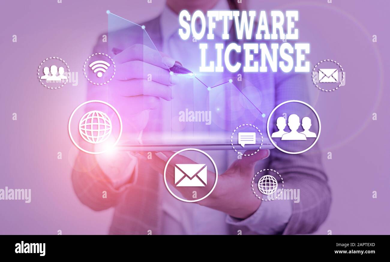 Licenza software per scrittura di testi. Fotografia aziendale che mostra lo strumento legale che regola la ridistribuzione del software Foto Stock