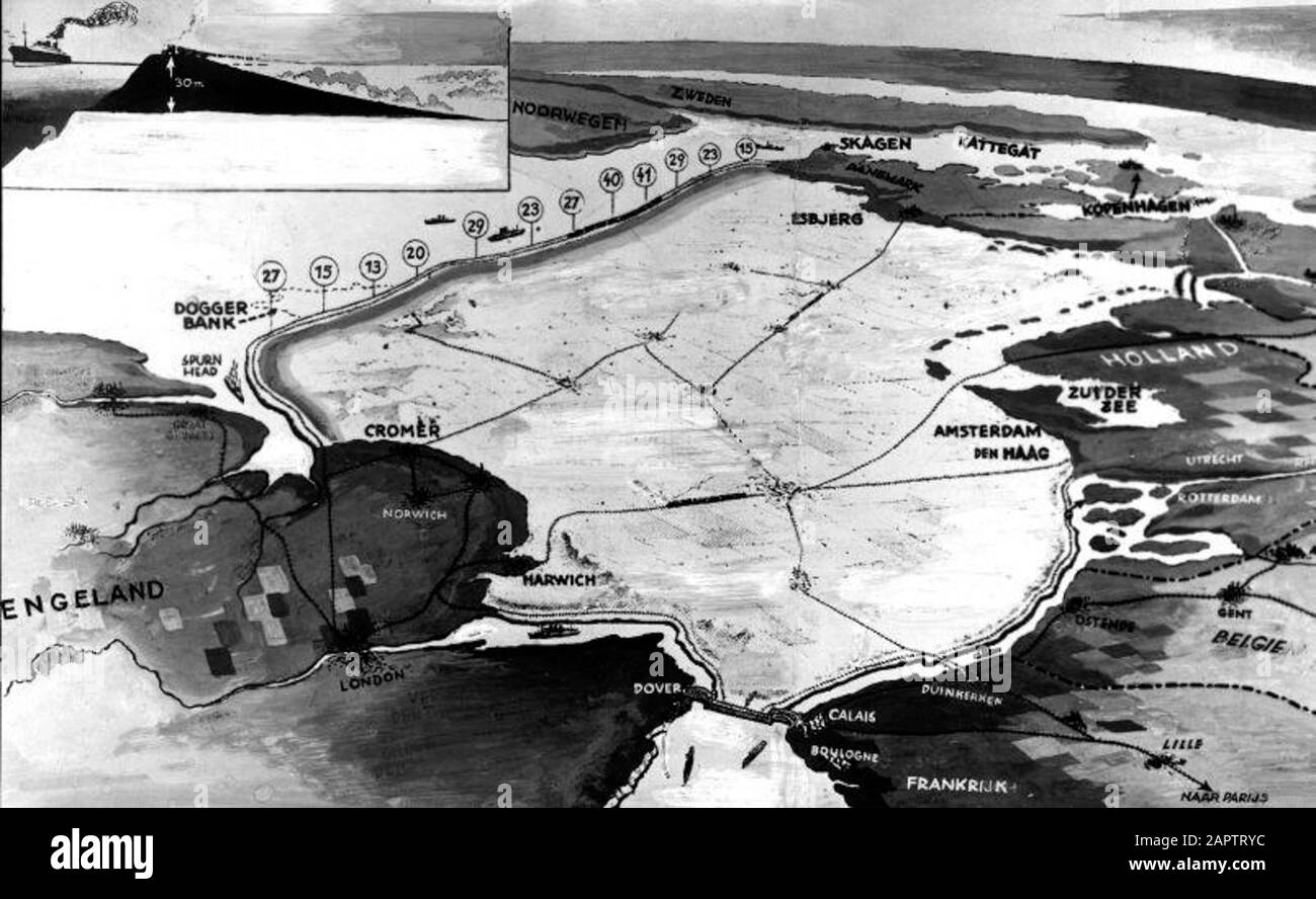 Collezione SAVENNEMTAD PHOTO/Het Leven/ Unknown, SFA001005702 Divieto del Mare del Nord secondo un piano tedesco risalente al 1929. Il canale tra dover e Calais è anche chiamato Impoldering del Mare del Nord secondo un piano tedesco dal 1929, una diga corre dal nord della Danimarca (Jutland) attraverso la Dogger Bank alla costa inglese di Norfolk vicino alla città di Cromer. Anche la Manica tra dover e Calais è chiusa da una diga. Foto Stock