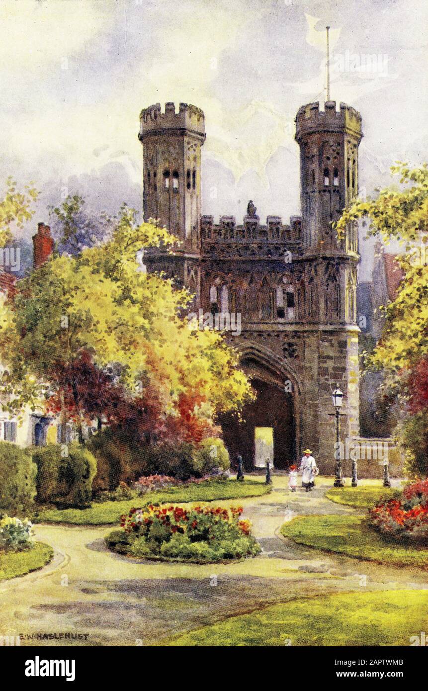 La porta, l'Abbazia di Agostino, Canterbury, Kent. Stampa Halftone da un acquerello di Ernest Haslehust 1920 Foto Stock