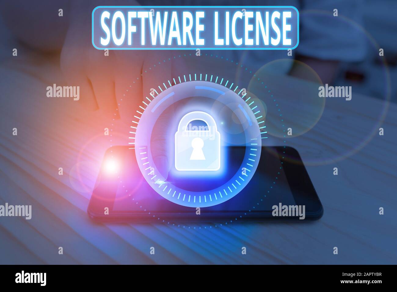 Segno di testo che mostra la licenza software. Fotografia aziendale che mostra lo strumento legale che regola la ridistribuzione del software Foto Stock