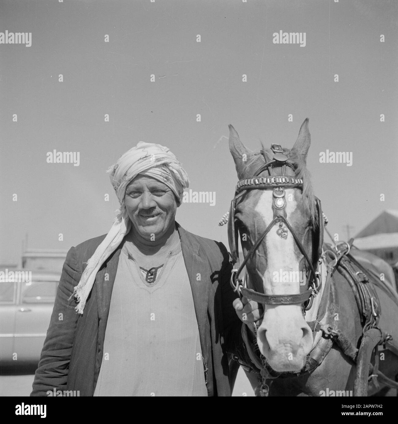 Medio Oriente 1950-1955: Egitto Coachman con il suo cavallo ad Alessandria Data: 1950 luogo: Alessandria, Egitto Parole Chiave: Uomini, cavalli Foto Stock