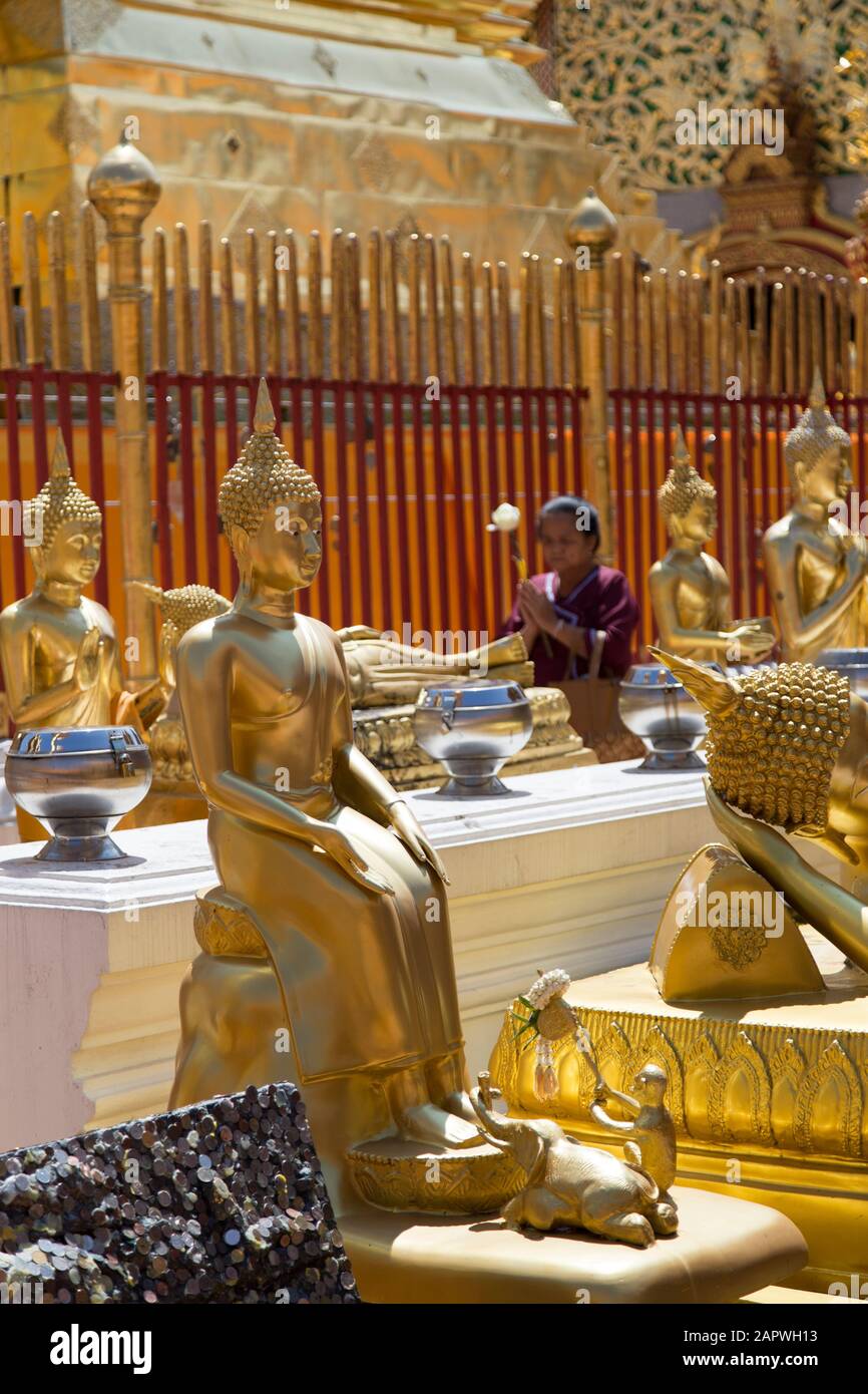 Statue d'oro e donna tailandese che prega in background, Wat Doi Suthep Foto Stock