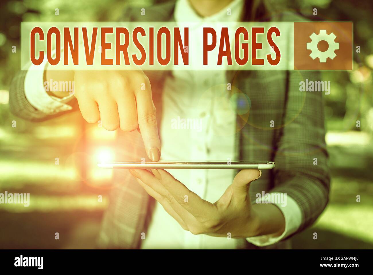 La grafia la scrittura di testo pagine di conversione. Foto concettuale viene visualizzato in risposta al clic su un motore di ricerca esterno con scena business donna detiene Foto Stock