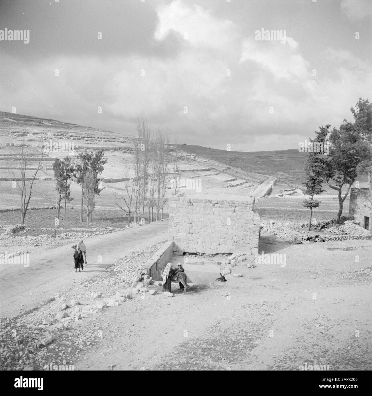 Medio Oriente 1950-1955: Giordania Philip fonte lungo la strada da Betlemme a Hebron con un uomo e un cammello e un uomo con asino Annotazione: Al momento della registrazione questo luogo è stato in Giordania Data: 1950 luogo: Palestina, Giordania Parole Chiave: Asini, cammelli, resti, strade romane, fonti d'acqua Foto Stock