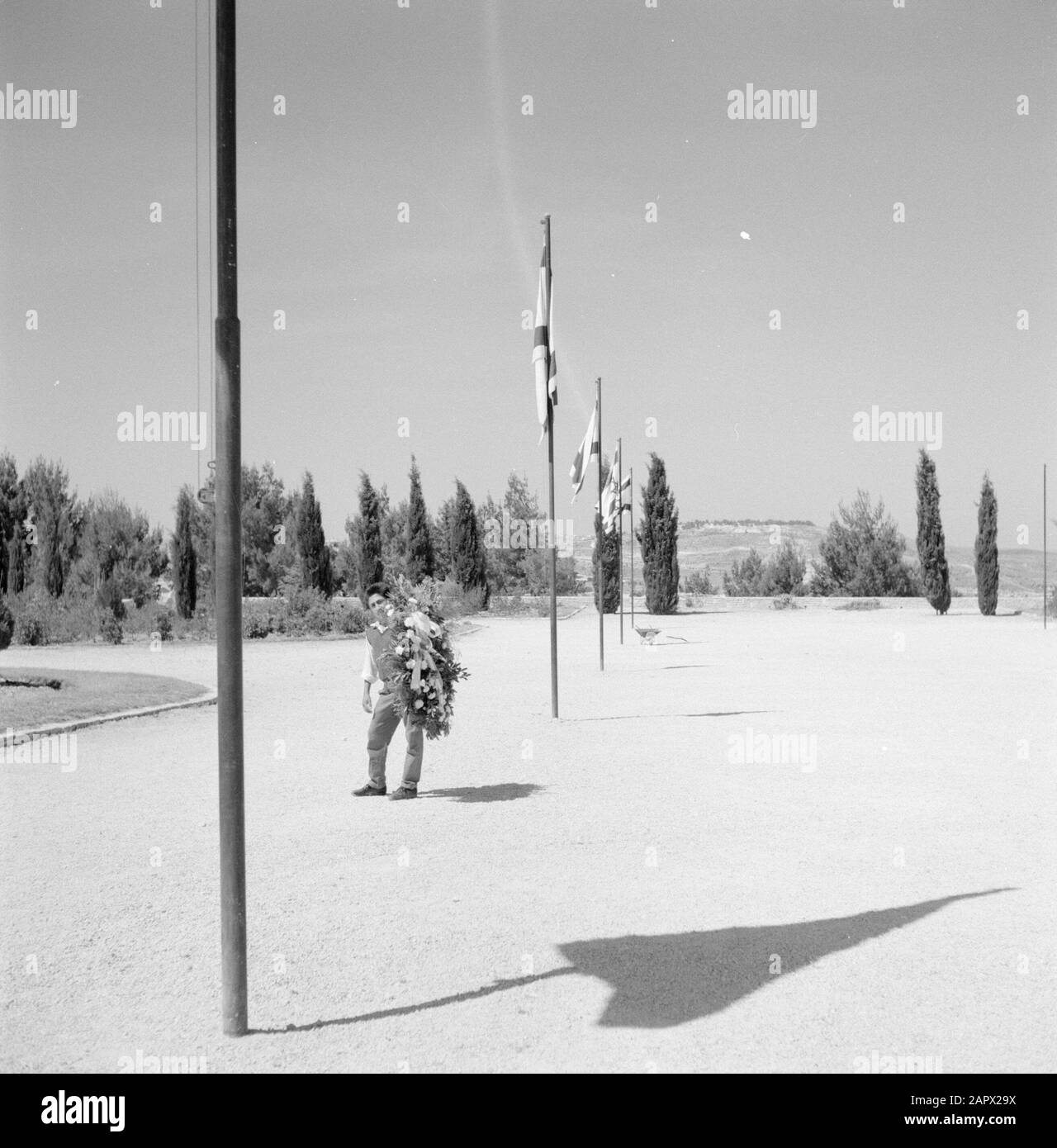 Israele 1964-1965: Gerusalemme (Gerusalemme), piantagione Herzlberg con una fila di cipressi alberi, una fila di bandiere d'Israele e un giovane che tiene un brughiera di fiori nel cimitero Annotazione: Herzlberg, chiamato anche Monte della memoria, è il cimitero nazionale d'Israele, sul lato ovest di Gerusalemme. La montagna prende il nome da Theodor Herzl, il fondatore del sionismo politico moderno. La tomba di Herzl si trova in cima alla collina Data: 1964 luogo: Herzlberg, Israele, Gerusalemme Parole Chiave: Wreaths, carriole, alberi di conifere, parchi nazionali, ombre, bandiere Foto Stock