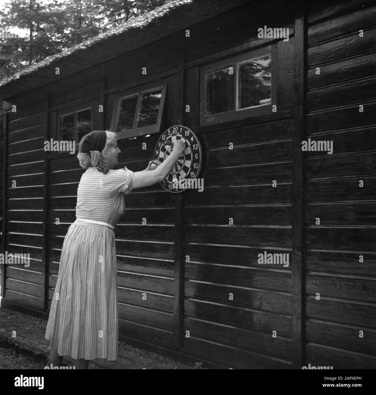 Eduard van Beinum nella sua casa di campagna Sepha van Beinum-Janssen rimuove le frecce dal dart board che è attaccato al muro di legno della casa di campagna della famiglia a Garderen Data: 5 giugno 1954 luogo: Garderen, Gelderland Parole Chiave: Segni, freccette, esterno, case di campagna, donne Nome personale: Beinum-Janssen, Sepha van Foto Stock