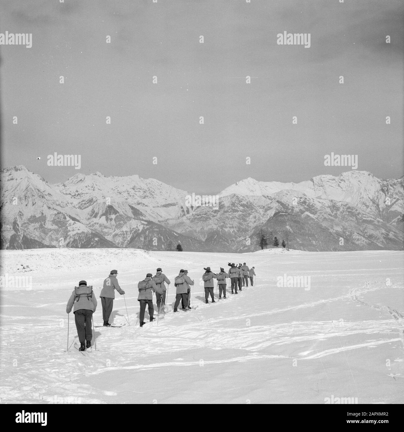 Tiroler Jägerbataillon 22 - Klosterkaserne Tiroler Jägerbataillon con ensign Hans Klupper in esercizio Data: Gennaio 1960 Località: Innsbruck, Austria, Tirolo Parole Chiave: Montagne, paesaggi, esercizi militari, militari, sci, neve, inverno Foto Stock