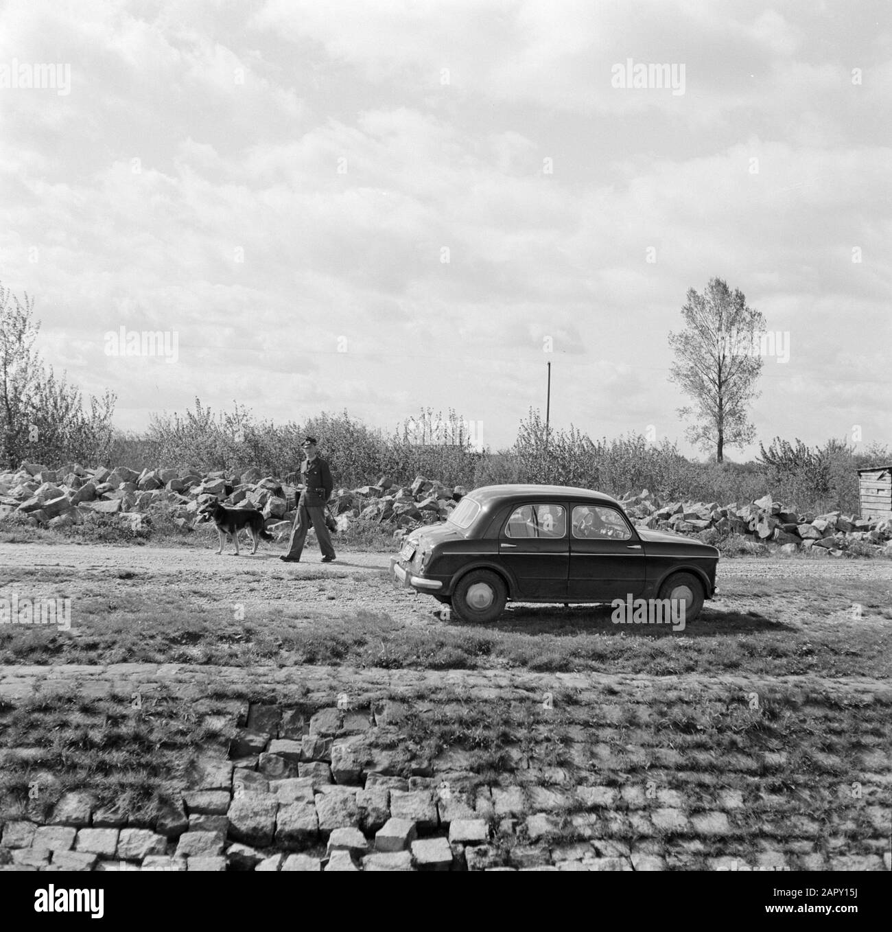 Navigazione sul Reno, reportage su come vivere e lavorare a bordo di una nave del Reno ufficiale doganale della Germania occidentale pattugliano con il suo cane pastore sul confine franco-tedesco-occidentale lungo il Reno superiore Data: 1 aprile 1955 Località: Germania, Greffern, Germania occidentale Parole Chiave: Dogana, sorveglianza delle frontiere, frontiere, cani da pastore Foto Stock