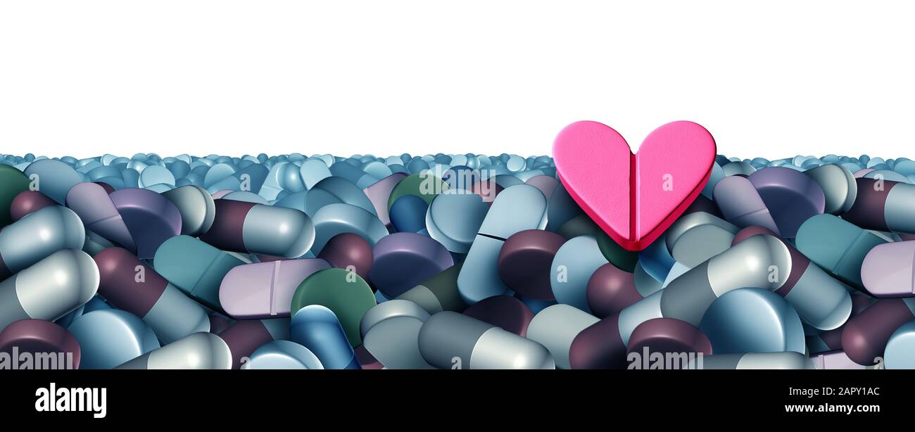 La medicina di amore e la pillola di cuore o il farmaco di quaalude e il concetto medico di virility come farmaco di prescrizione farmaceutica e supplementi nutrizionali. Foto Stock