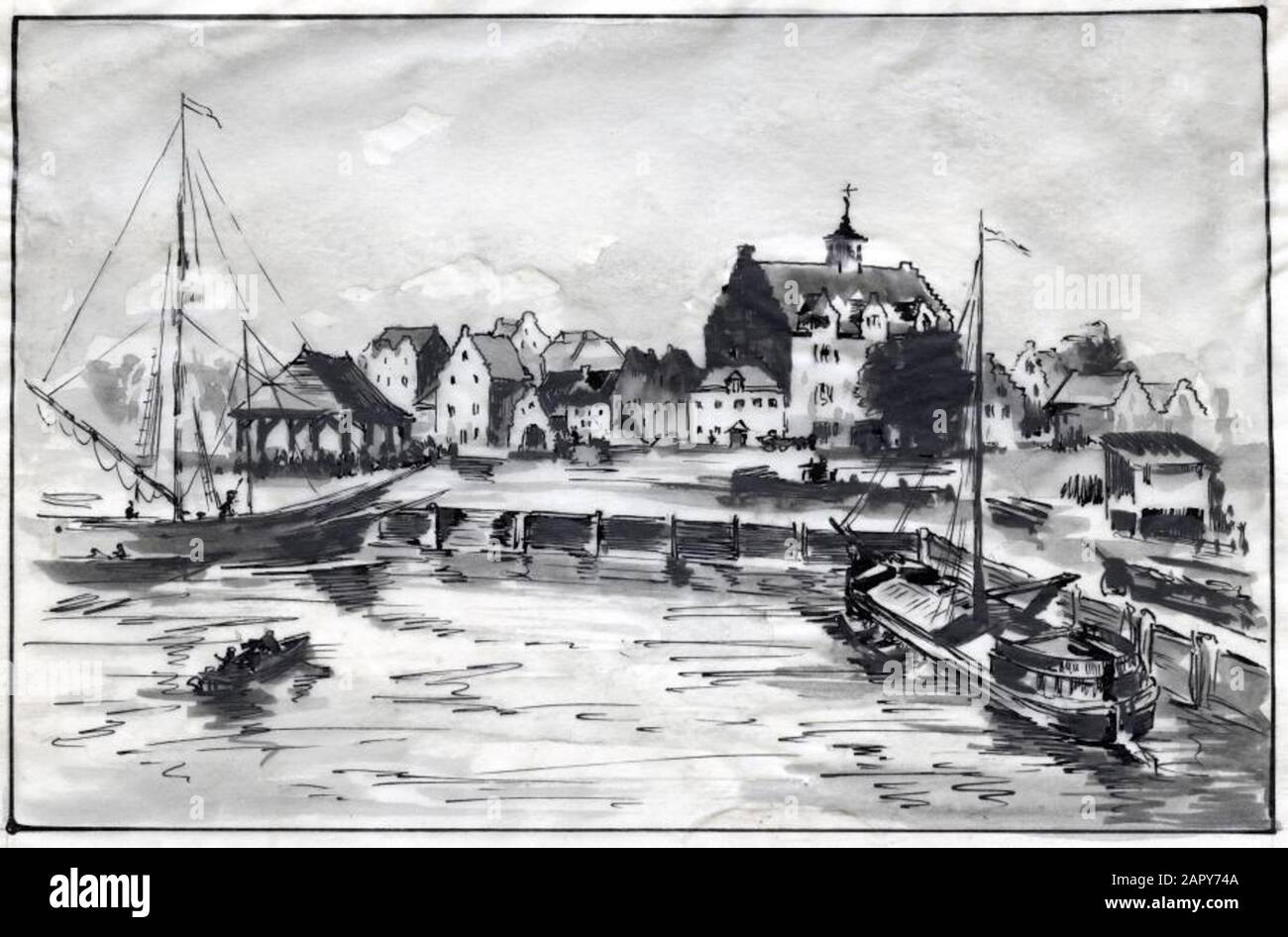 Disegno della penna (inchiostro lavato) del porto di New Amsterdam/New York  all'inizio del 17th secolo. Creato come illustrazione per la rivista Ons  Land nel 1932 Foto stock - Alamy