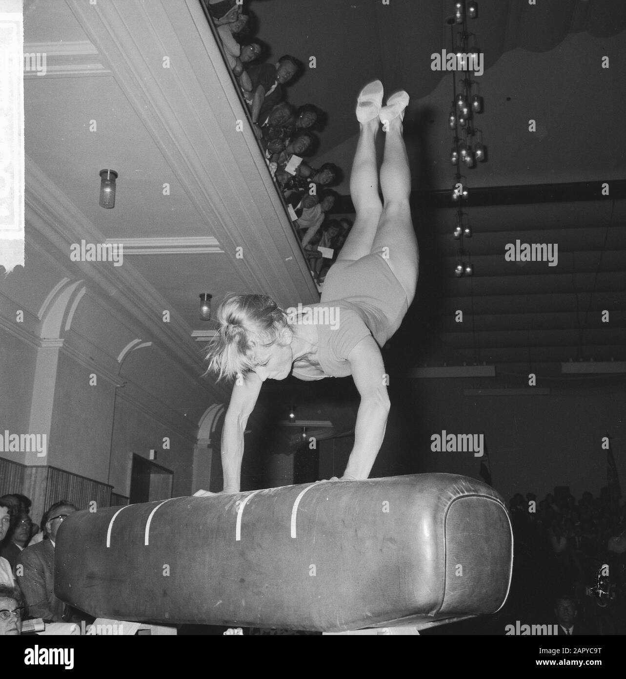 Ginnastica Olanda contro Romania, Signore, campione di Romania Sonia Iovan in azione sul cavallo Data: 2 luglio 1964 Parole Chiave: Ginnastica Nome personale: Iovan, Sonia Foto Stock