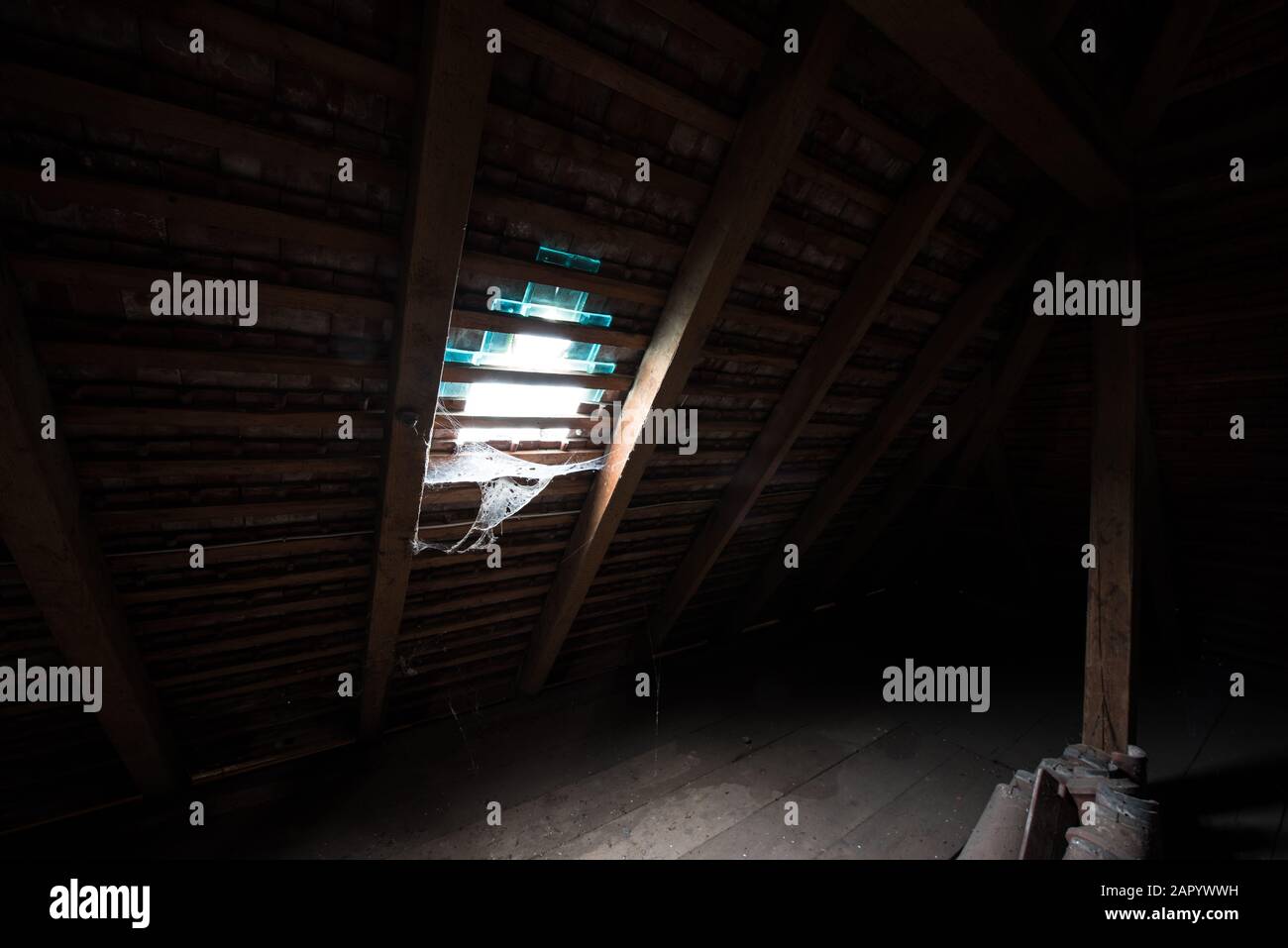 All'interno della soffitta di una vecchia casa con ragnatele. Foto Stock