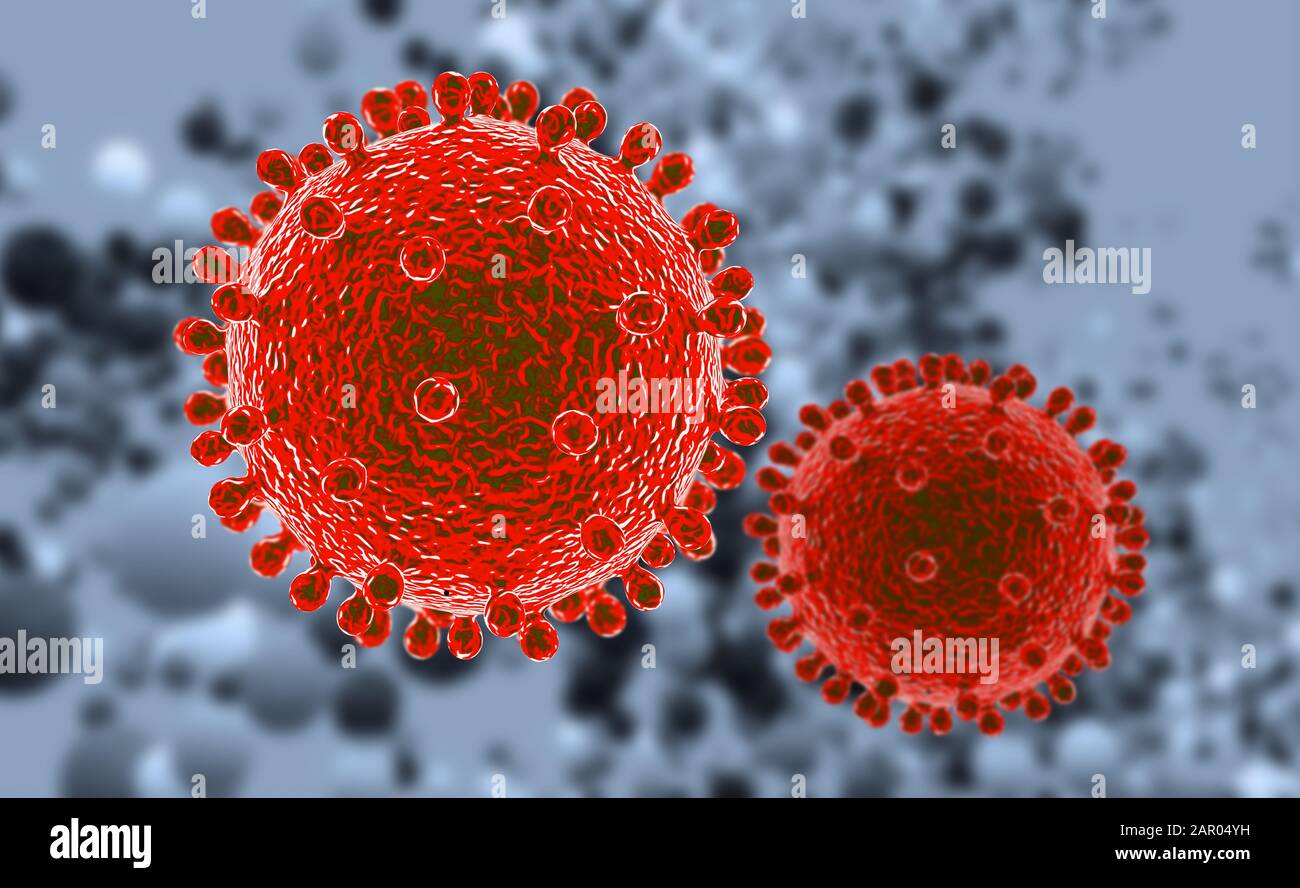 Batteri coronavirus virus cell 2019-nCoV macro. Cina. Sfondo del rendering 3D Foto Stock