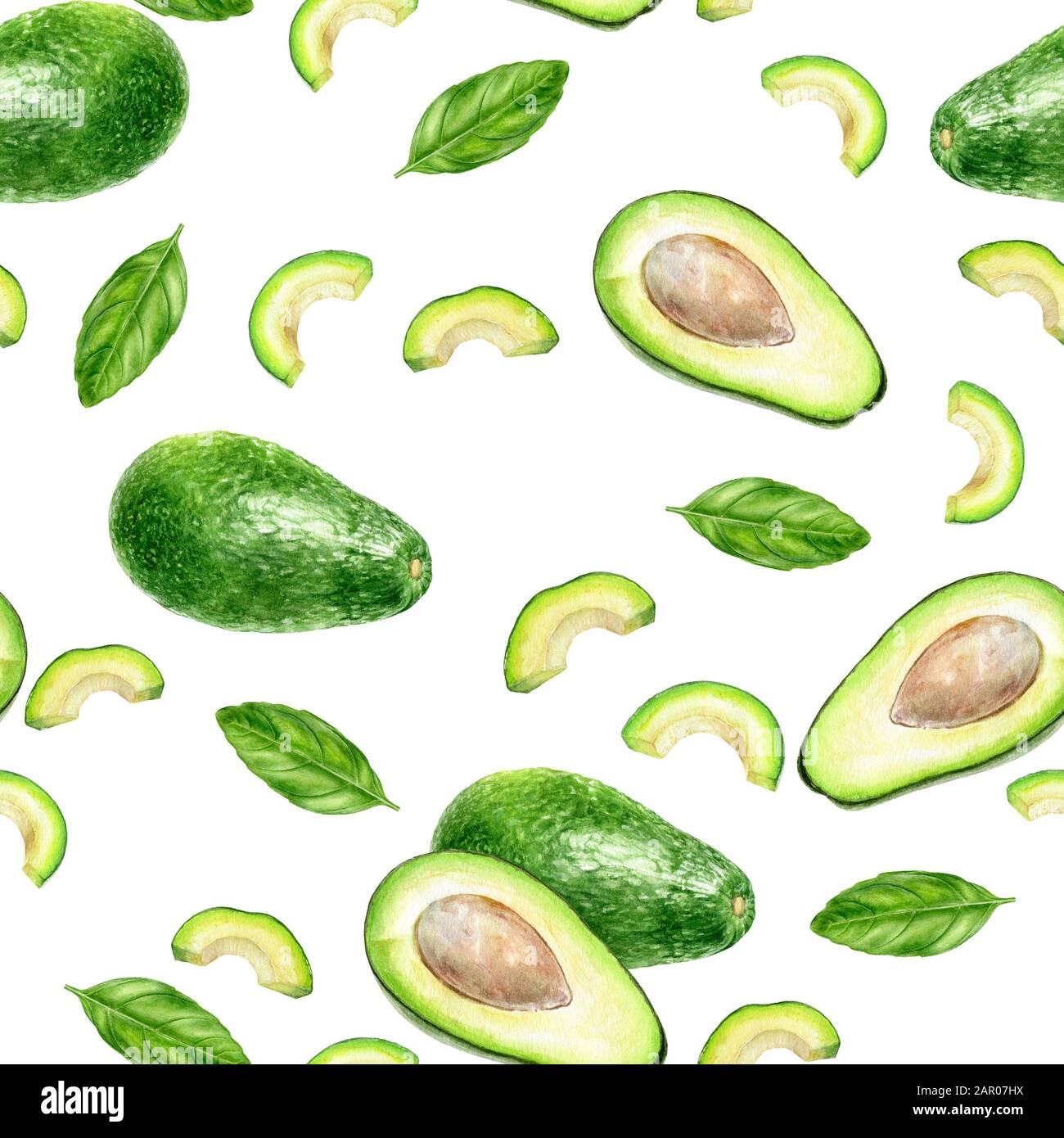 Avocado basilico acquerello illustrazione senza cuciture motivo. Foto Stock