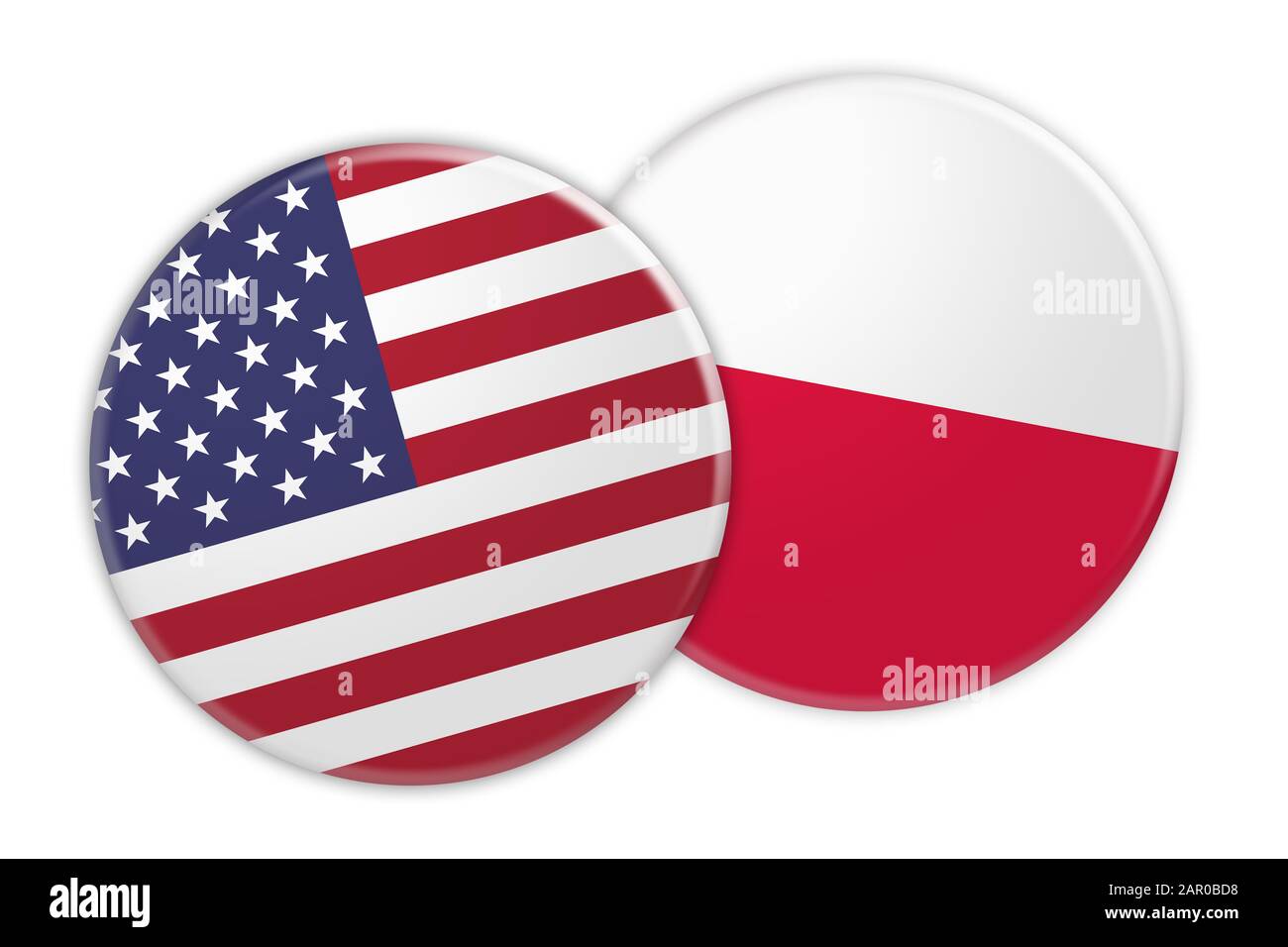 US News Concept: USA Flag Button Su Poland Flag Button, 3d illustrazione su sfondo bianco Foto Stock