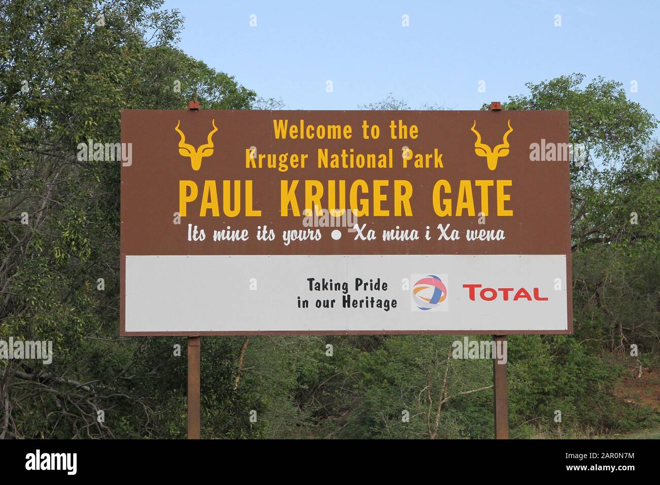 Cancello anteriore segno di Kruger National Park, Mpumalanga, Sudafrica. Foto Stock