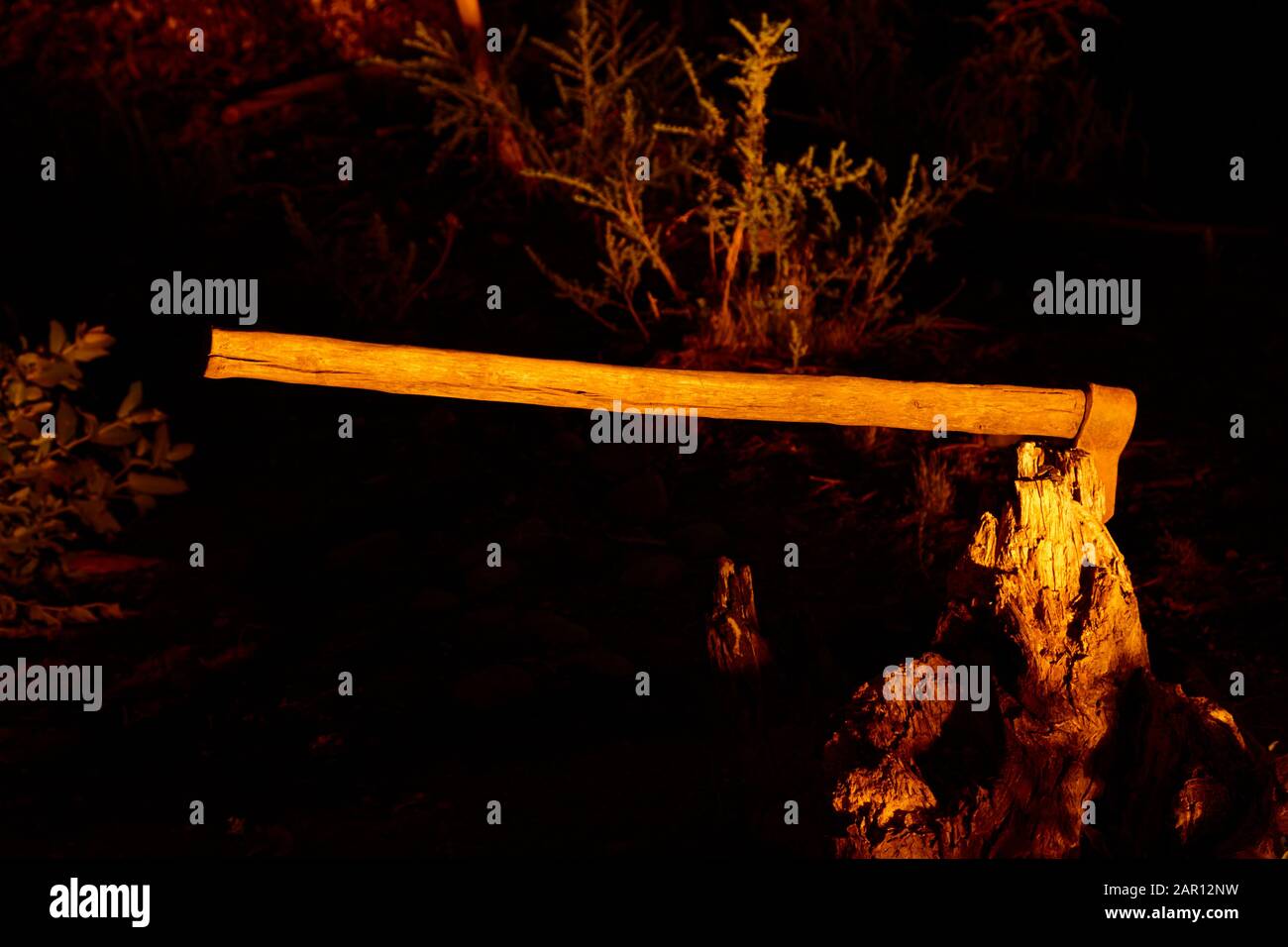 grande ascia di abbattimento sepolto in un ceppo di albero alla luce notturna da firelight in una foresta di eucalipto los pellines cile Foto Stock