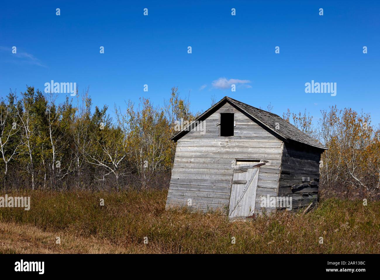 legno vecchio che cade giù fienile di deposito in saskatchewan Foto Stock