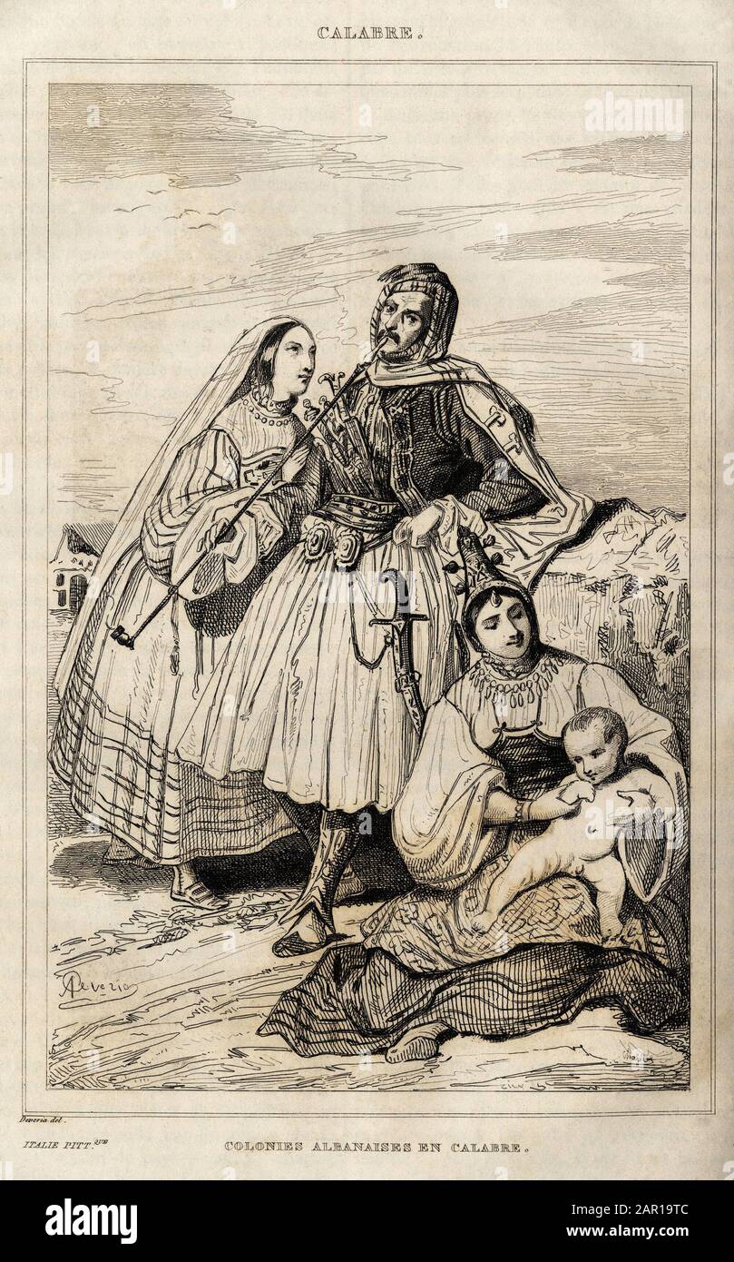 Une colonie albanaise en calabre, gravure de Deveria , in 'Italie pittoresque', Amable Coste editeur, Paris, 1836. Accumulazione Leonard de . . Foto Stock