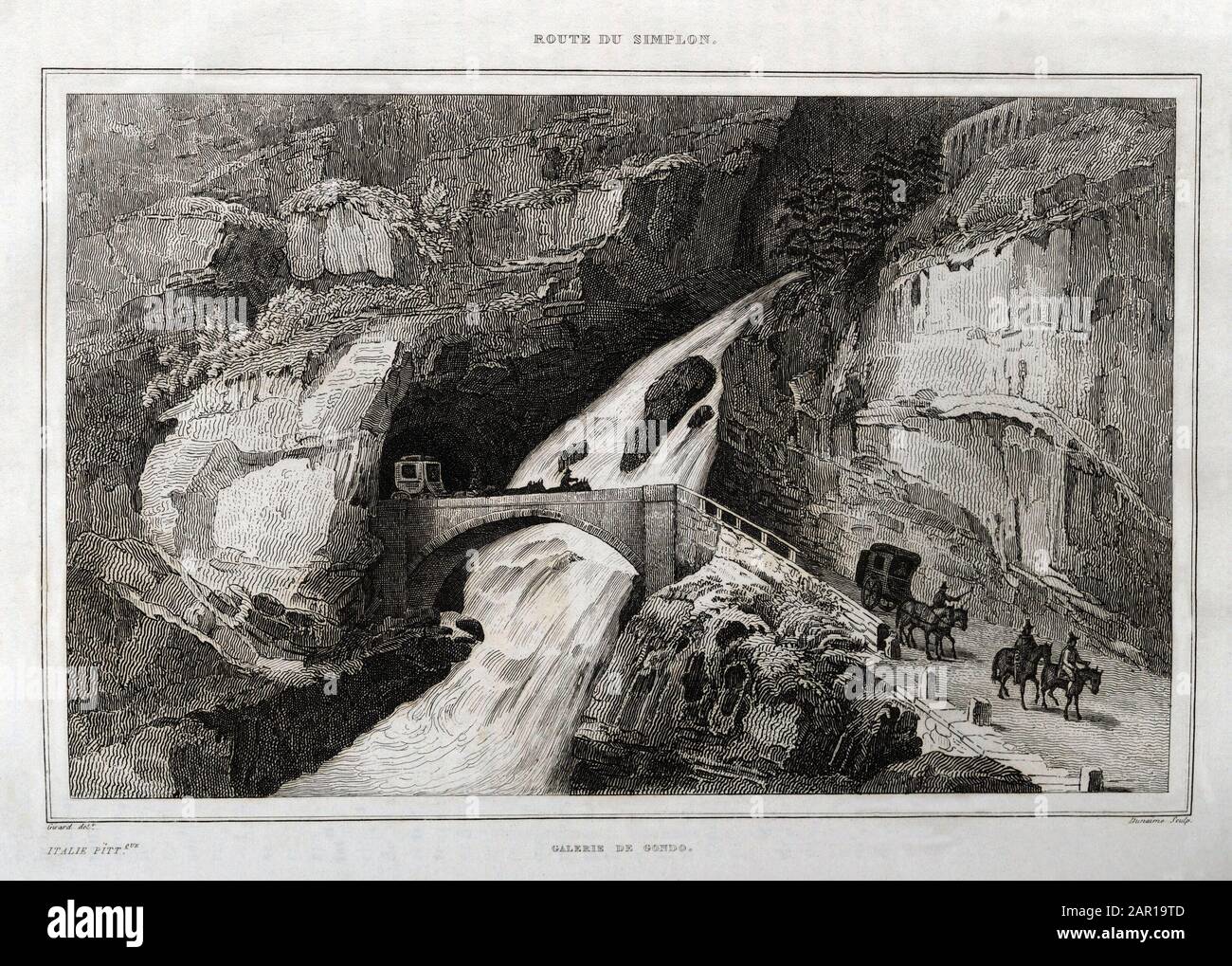 La galerie du Gondo, sur la route du simplon, gravure de Girard , in 'Italie pittoresque', Amable Coste editeur, Parigi, 1836. Accumulazione Leonard de . Foto Stock