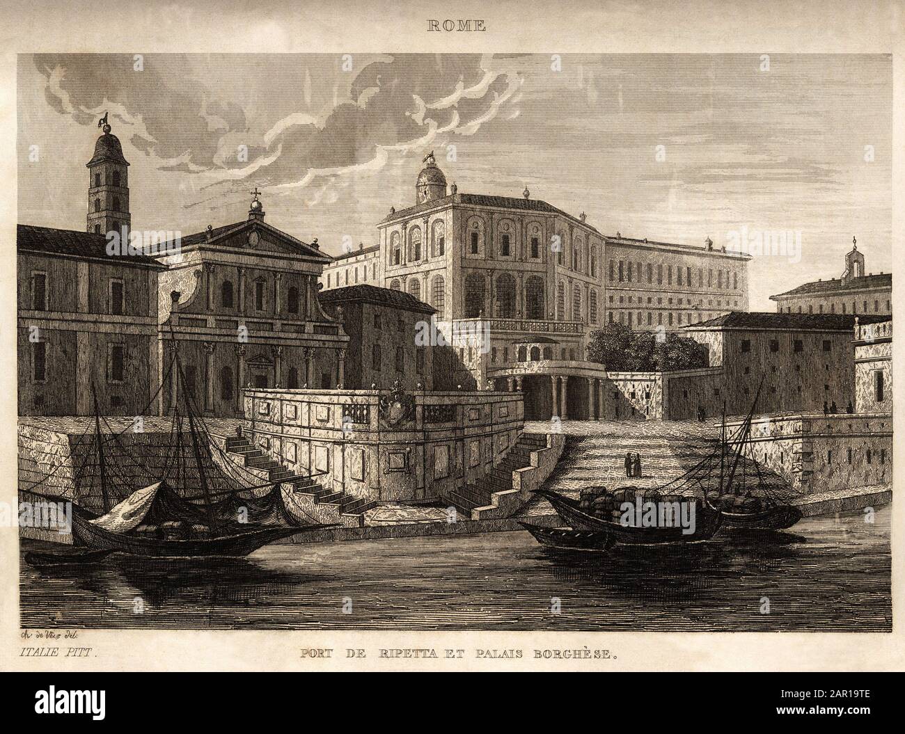 Le Port de Ripetta et le palais Borghese a Rome, gravure de CH. De Vene, in 'Italie pittoresque', Amable Coste editeur, Parigi, 1836. Accumulazione Leonar Foto Stock