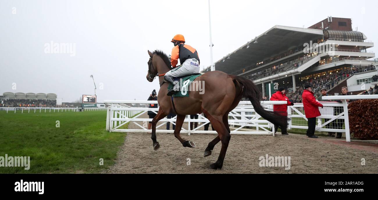 Tobefair guidato da Tom Bellamy fanno la loro strada per l'Hurdle galliardhomes.com Cleeve durante il Festival Trials Day all'ippodromo di Cheltenham. Foto Stock