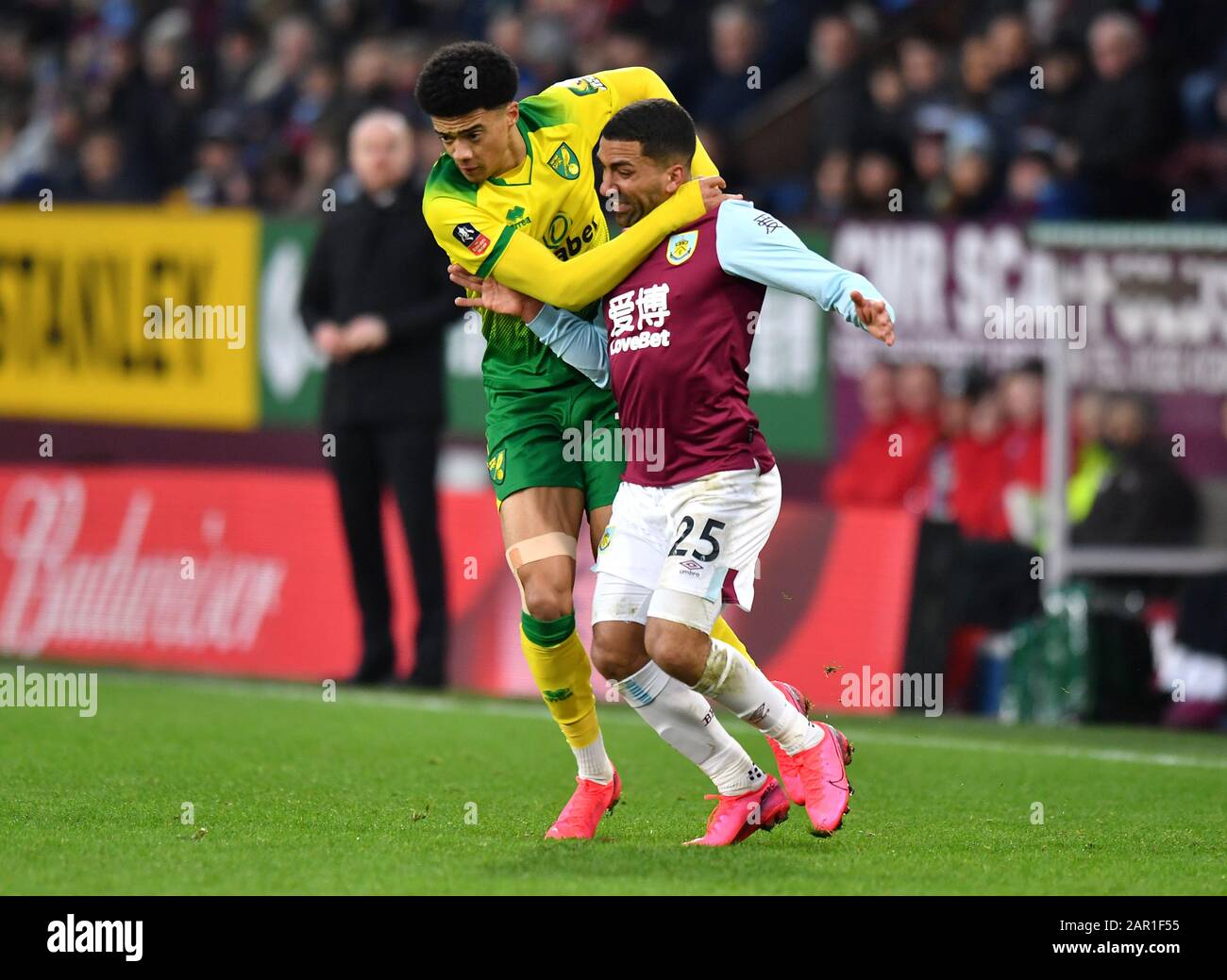 Jamal Lewis (a sinistra) di Norwich City e Aaron Lennon di Burnley combattono per la palla durante il quarto round match della fa Cup a Turf Moor, Burnley. Foto Stock